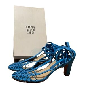 SOLD: MSRP $522 Maryam Nassir Zadeh Maribel Cerulean Leather Wrap Heels 39.9